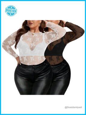 Plus Size Lace Mesh Top Sheer Floral Long Sleeve Mock Neck Blouse